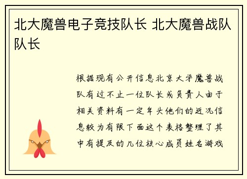 北大魔兽电子竞技队长 北大魔兽战队队长
